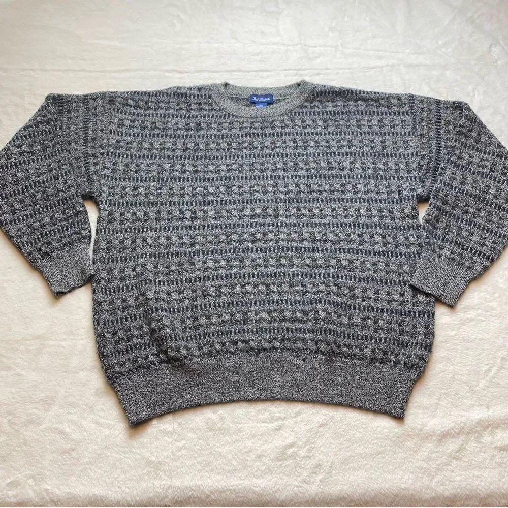 Paul Fredrick Wool Blend Gray Black Design Crew Neck Sweater Size Large